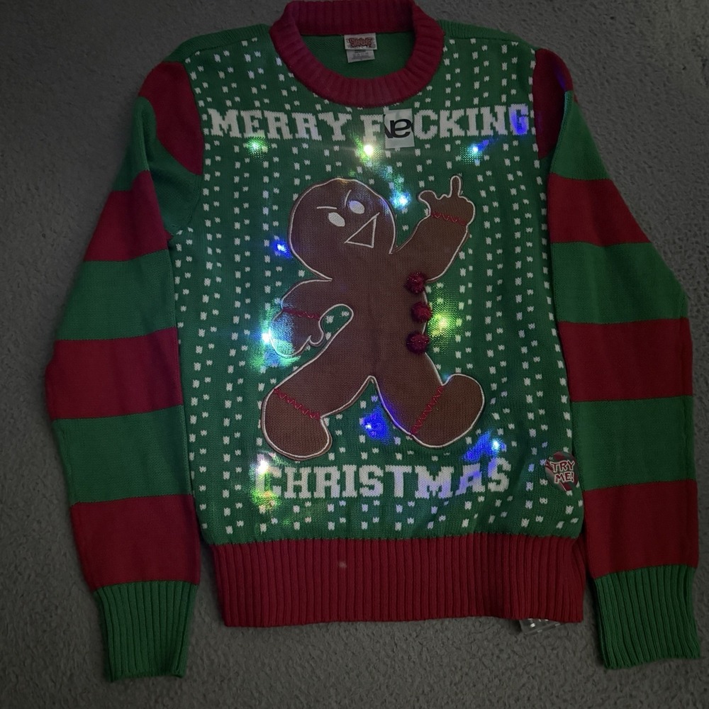 Spencer Sweater Mens S Green Merry F*cking Christmas Lite Up Ugly